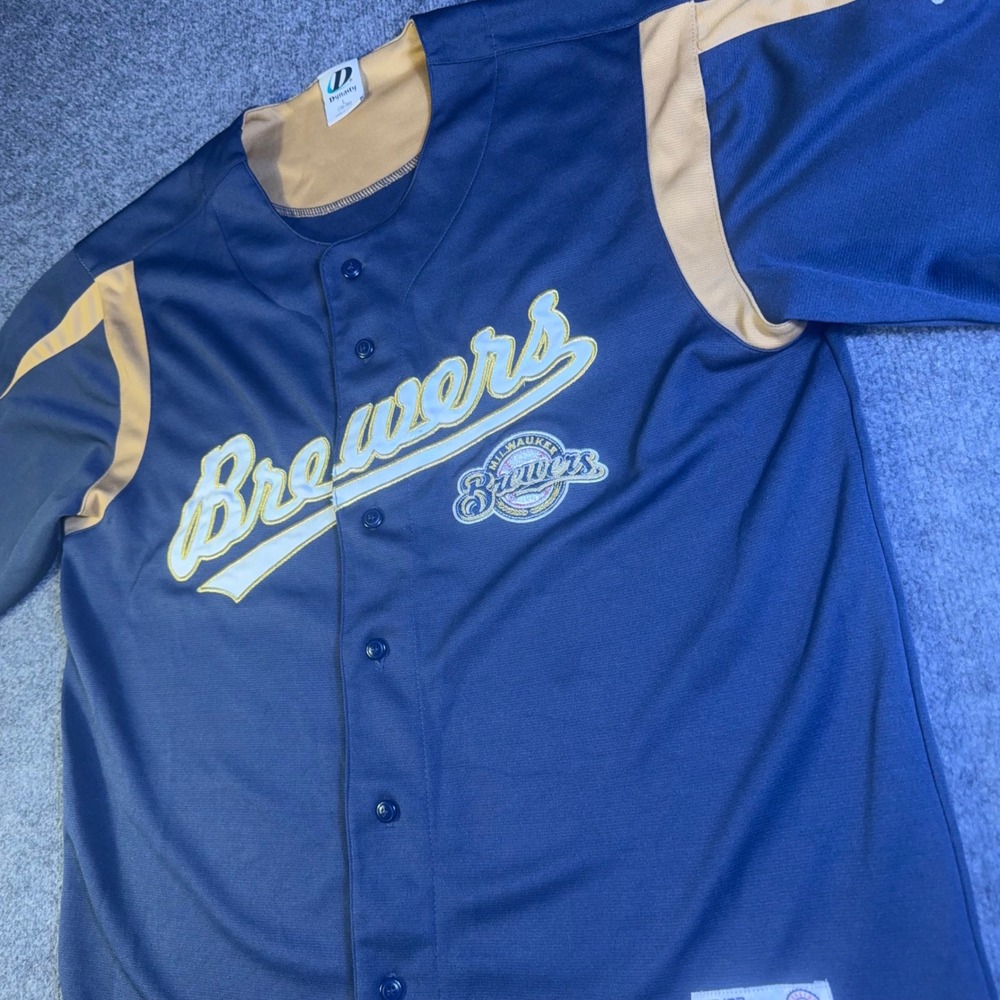 Vintage Milwaukee Brewers MLB Baseball Jersey Navy Gold Dynasty 90s Mens Large